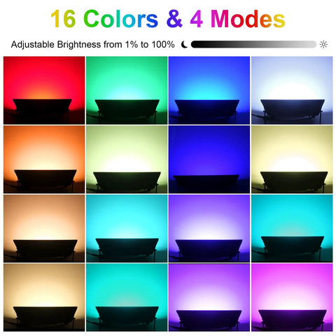RGB LED Flood Lights 1000W Equivalent Outdoor IP66 Waterproof 2 Pack With Remote 16 Colors 4 Color Changing Modes display chart