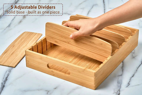 Bamboo Kitchen Lids Organizer With Adjustable Dividers For Food Storage Containers Up To 9.5 Inches, hand adjusting dividers