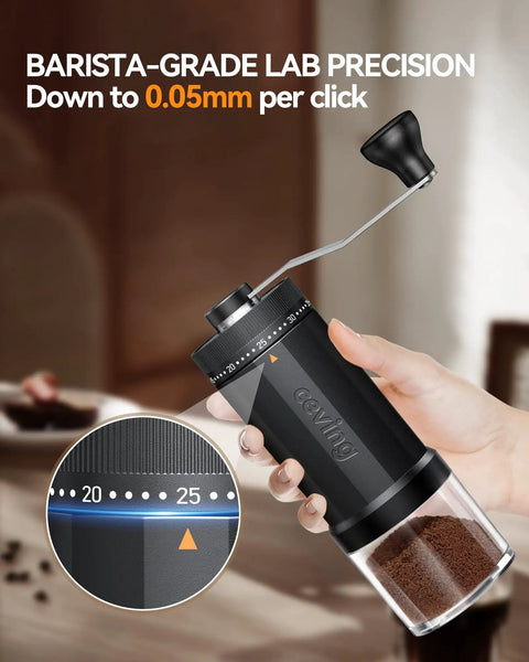 Close-up of 60g Large Capacity Manual Coffee Grinder With 40 Adjustable Settings, highlighting precision adjustment.