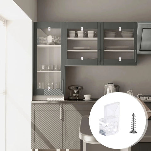 Heavy Duty Mirror Hangers With Screws Clear Plastic Wall Mount Clamps For Frameless Glass Panels And Cabinet Doors installed on glass cabinets.