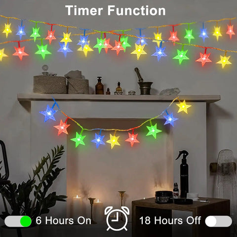 Colorful star shaped string lights over fireplace; Star Shaped String Lights Battery Powered 13ft 40LED Fairy Lights with Timer