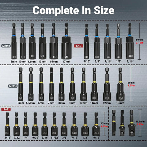 All-In-One Magnetic Impact Nut Driver Kit, 80-Piece Set With SAE And Metric Nut Drivers shown in size comparison chart