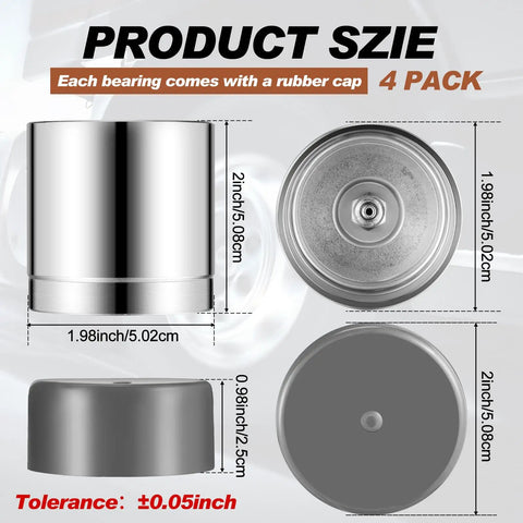 Heavy Duty Four Piece Trailer Wheel Bearing Protectors With Chromed Metal Dust Caps Built Solid Road Warrior Cover For Boats And Trailers Rubber Gasket Seal One Point Nine Eight Inch Axles product size details and rubber caps shown.