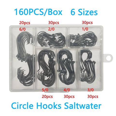 Saltwater Circle Hooks Set 160 Pieces With 6 Sizes High Carbon Steel Catfish And Octopus Fishing Hooks In Portable Plastic Box Durable Tackle For Freshwater And Saltwater Fishing displayed in case