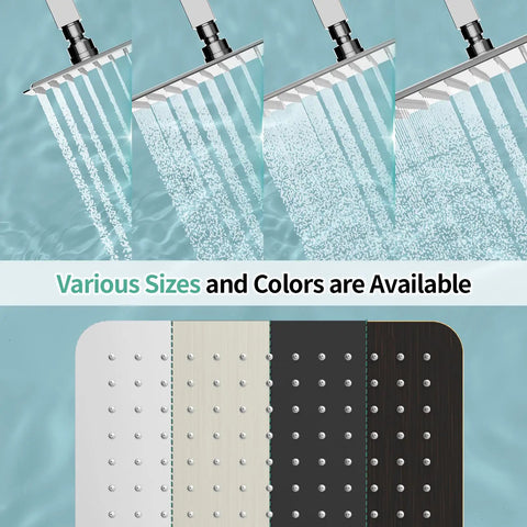 Luxury 12 Inch Square Stainless Steel Shower Head with High Pressure Rainfall Ultra Thin Design Water Saving Polished Chrome Finish showing water flow and color options.