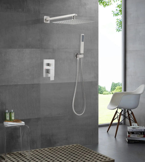 Brushed Nickel Shower System With 10 Inch Rain Shower Head And Handheld Wall Mounted Luxury Shower Mixer 304 Stainless Steel Hose Brass Valve And Trim All Metal Built To Last Rough In Valve Included installed on a gray tiled wall