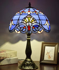 Blue Baroque Tiffany Style Stained Glass Table Lamp For Bedroom And Living Room, 12x12x18 Inch, on a nightstand with decor