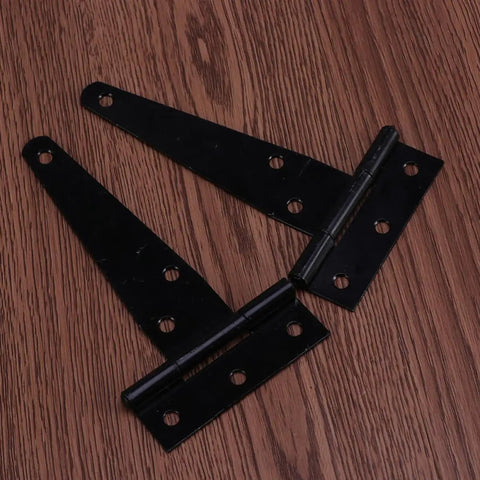 Beefy 4 Inch T Shaped Iron Hinges Set For Doors And Gates With Six Screw Holes on wooden surface, heavy duty design