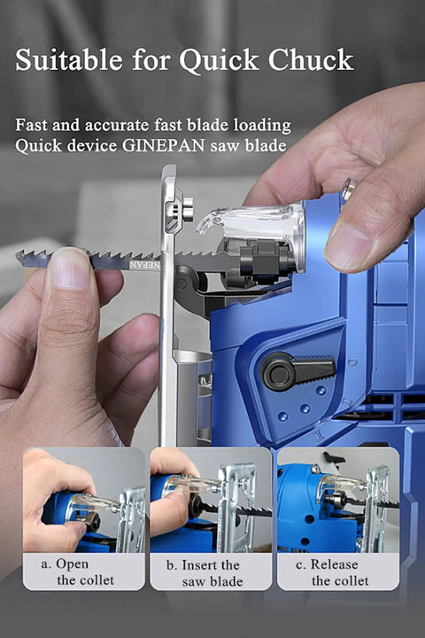 Close-up of T Shank Jigsaw Blades Set 20 Pieces T101AO With Case For Woodworking DIY Curved And Scroll Cuts in quick chuck mechanism