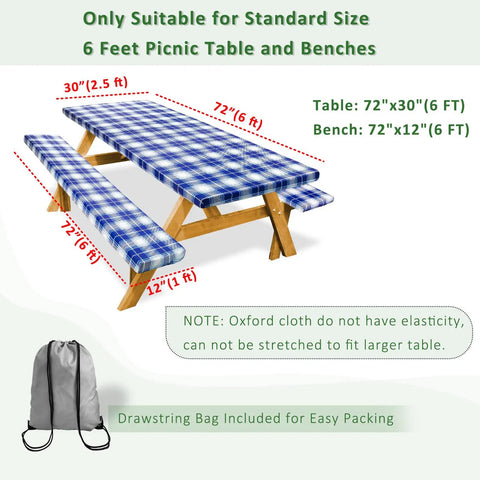 Picnic Table Cover With Bench Covers Set Includes 1 Table Cover And 2 Bench Covers 72 Inch Navy Blue Outdoor Tablecloth Waterproof And Windproof The Must Have Camping Gear For Picnics RV Or Camper With Drawstring Storage Bag shown in full set next to a drawstring bag.