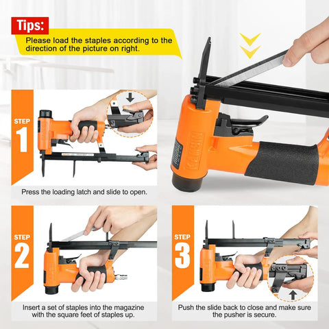 Instructional image showing steps to load staples into Pro-Grade 22 Gauge Pneumatic Upholstery Stapler With Long Nose Reach.