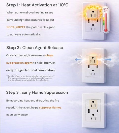Diagram showing Nine Pack Heat Activated Fire Suppression Patches for outlets activating at 110°C, releasing agent, suppressing flames.