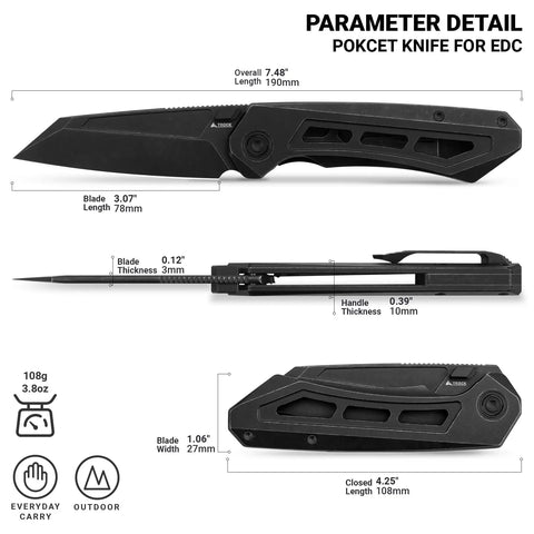 Titanium Pocket Knife With M390 Powder Steel Blade For Everyday Carry Thumb Hole EDC Folding Knife Three Point Zero Seven Inch Blade Three Point Eight Ounce Weight Durable Rough And Ready For Hard Use, product dimensions detailed view.