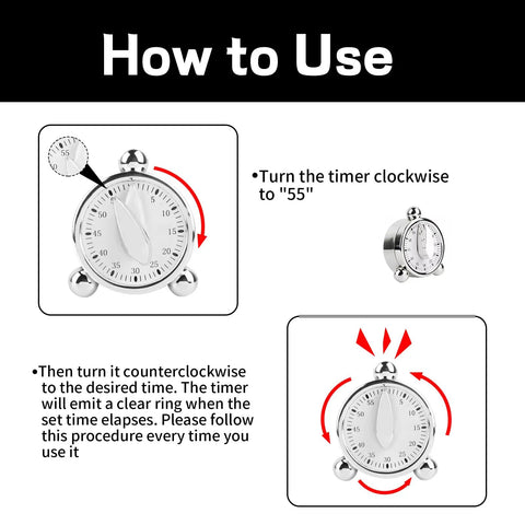 Image showing how to use the 60 Minute Mechanical Kitchen Timer With Loud Alarm No Batteries Needed for precise timing.