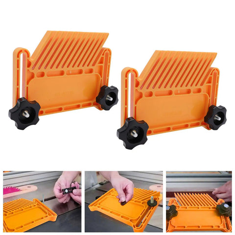 Heavy Duty Stackable Featherboard Woodshop Safety Kickback Blocker Table Saw Router Table Band Saw Dead Grip Clamping Accessory in orange with black knobs.