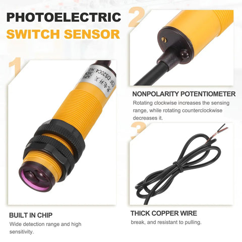 Diffuse Reflection Photoelectric Sensor M18 Three Line Detection, 7 To 20 Cm Range, NPN NO, 6 To 36 V DC, components displayed.