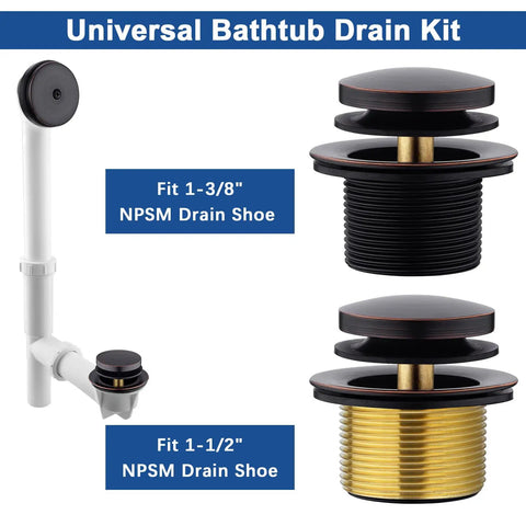 Oil Rubbed Bronze Brass Tub Drain Kit with Overflow, single hole design, fits 1-3/8 and 1-1/2 inch NPSM elbows, easy install