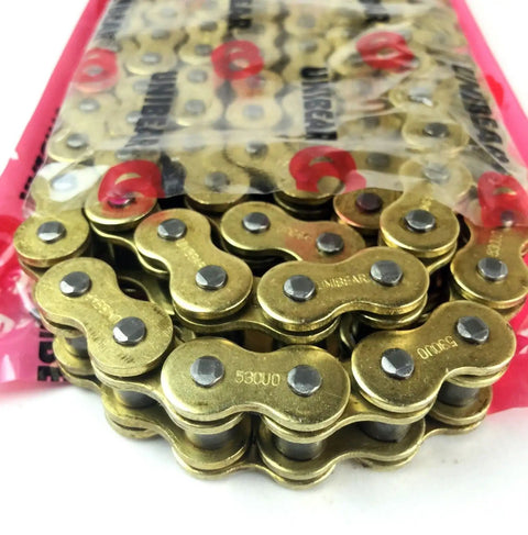Rock Solid 520 O Ring Drive Chain With 110 Links And Gold Plating For Motorcycle ATV Dirt Bike, gold connecting links in packaging.