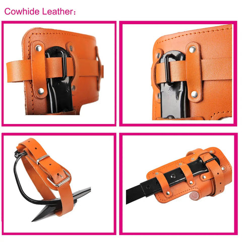 Close-up of cowhide leather straps on Beefy Tree Climbing Spikes Set With 45 Steel Forging For Tough Durability Height Adjustable Arborist Gear