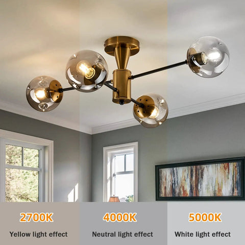 Modern Four Light Gold Glass Globe Ceiling Light Fixture Mid Century Semi Flush Mount with light effects demonstration
