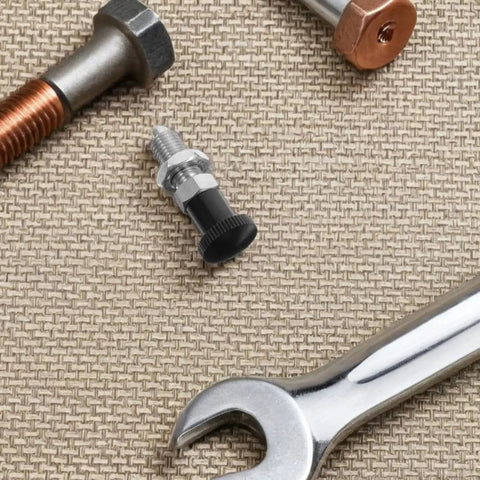 Stainless Steel Reset Indexing Plunger With Knob And Self Locking Mechanism M10, shown with tools on fabric background.