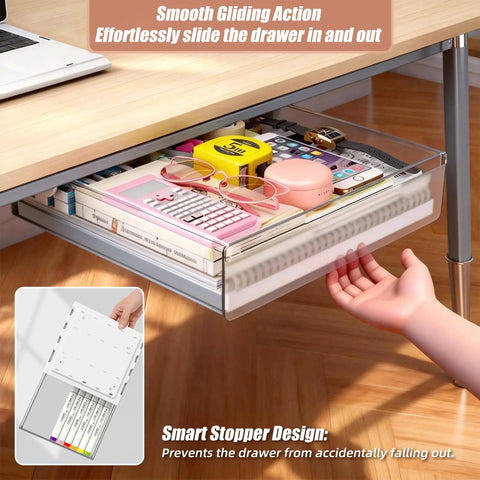 3 Pack Clear Under Desk Slide Out Organizers With Dual Adhesive Or Screw Mount Installation Sliding Into Tight Gaps To Declutter Fast And Make Your Home Office Desk Setup A Legit Game Changer with smooth gliding action and smart stopper.