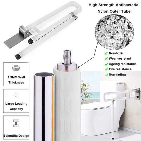 Foldable Stainless Steel Toilet Grab Bar With 304 Grade Frame Anti Slip Shower Handrail Flip Up Bathroom Seat Support Bar Heavy Duty Bathtub Arm Grip For Safe Access And Stability Supports Up To 450 Lbs featuring a close-up of the frame and installation in a bathroom setting with nylon outer tube durability details.