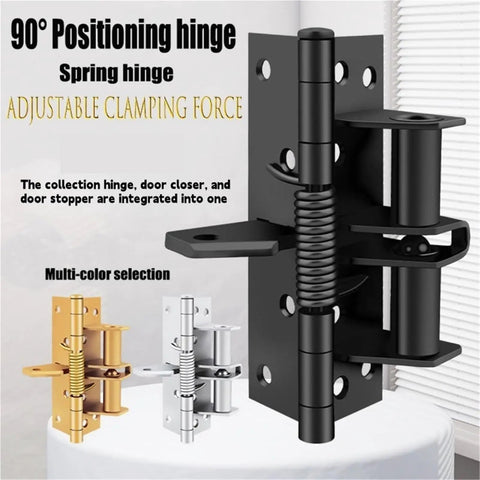 Single Piece Automatic Self Closing Door Hinge With Precise Positioning For 90 Degree Openings Integrated Spring Hinge Closer And Stopper In Gold Finish shown in black with multi-color options