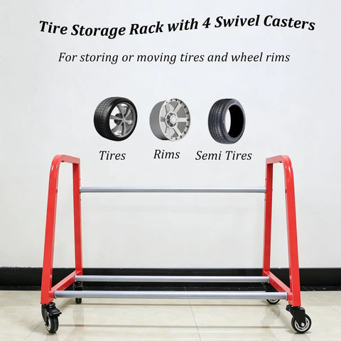Heavy Duty Wall Mount Wheel Shelf Holds Four Tire Rims Adjustable Garage Storage Rack, red metal frame with swivel casters.