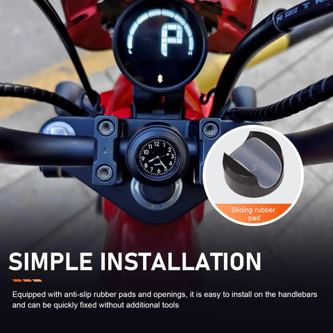 Bike Handlebar Clock Waterproof And Shockproof Metal Time Display For 25-26 Mm Bars With Night Visibility, Includes Wrench And Anti-Slip Pads, Fits Bicycle And Motorcycle Black displayed on motorcycle handlebar with clock installed, focus on sliding rubber pad illustration.