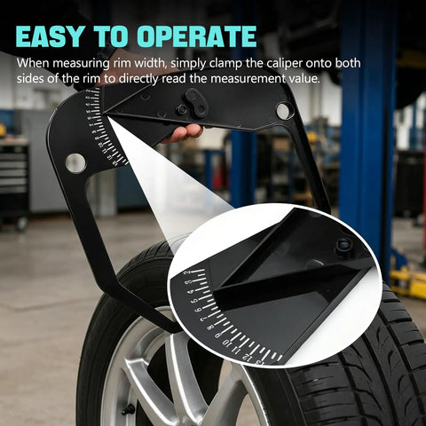 No Sweat Rim Width Caliper Tool For Cars Quick Fitment Gauge clamped on tire rim, showcasing measurement scale and easy operation.