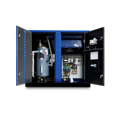 Heavy Duty 50 HP Rotary Screw Air Compressor Pump With Massive 219 CFM Flow Rate And 125 PSI Max Pressure with inner components visible.