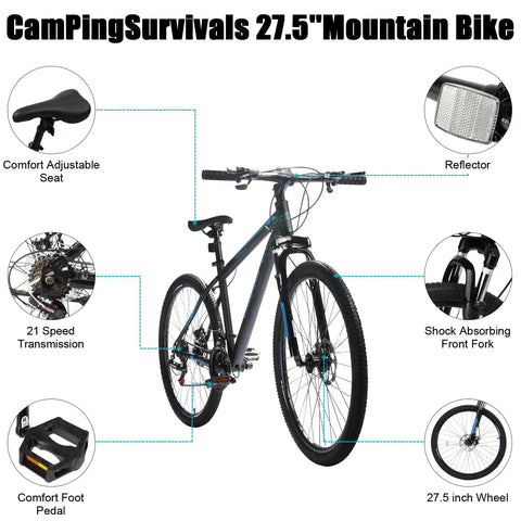 27.5 Inch Mountain Bike With Suspension Fork, Dual Disc Brakes, 21 Speed Shifting, For Men And Women, Lightweight Carbon Frame