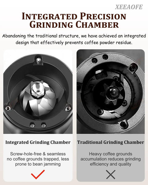 Integrated Precision Grinding Chamber comparison for Top Tier Single Dose Coffee Grinder Featuring A Heavy Duty Aluminum Build And Premium 48MM Conical Burr.