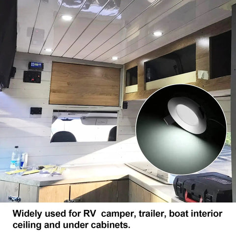 Zero Fuss 12V LED RV Puck Lights Six Pack Aluminum Recessed Ceiling Bulbs illuminating camper interior with an ultra slim design.