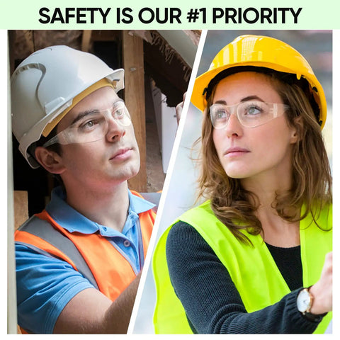 Heavy Duty 3 Pack Clear Safety Glasses With Scratch Resistant Polycarbonate Lens worn by male and female workers on job site