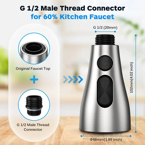 Pull Down Sprayer Head With Three Modes And 17 Adapters for Kitchen Faucets showing G 1/2 male thread connector
