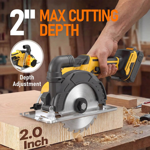 Heavy Duty Cordless Circular Saw With Slick 6 Inch Blade Compatible With Dewalt 20V Max System No Battery Included Portable Case And Precision Guide For Clean Wood And Pvc Cuts Built Tough No Sweat, showing depth adjustment on wood.