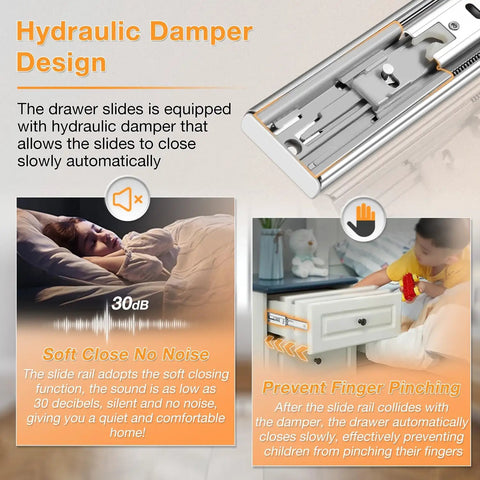 Heavy Duty Stainless Steel Soft Close Drawer Slides Full Extension Smooth Glide Cabinet Hardware 10 Inch Pair showcasing hydraulic damper design.