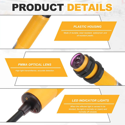 Close-up of E3F-DS30C4 Photoelectric Sensor with yellow plastic housing, PMMA lens, and LED indicator lights for industrial automation.