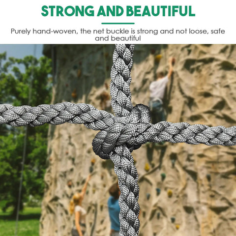 Gray Playground Climbing Net For Kids Outdoor Playset Safe Cargo Rope Net with blurred climbing wall in background