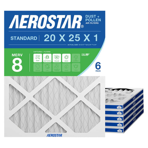 20x25x1 MERV 8 Air Filter For HVAC Systems, 6 Pack, Captures Dust Lint And Pollen, Actual Size 19.75x24.75x0.75, Box View