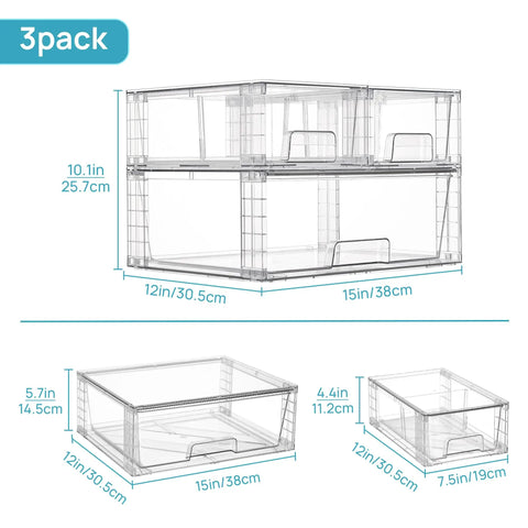 Clear Stackable Acrylic Storage Drawers 3 Pack Wide Organizer Bins dimensions 12x15x5.7in and 12x7.5x4.4in for organization.