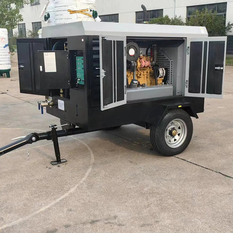 Custom 10 To 24 M3 Min High Capacity Mobile Industrial Rotary Screw Air Compressor For Construction Mining Drilling Applications with open doors showing engine.