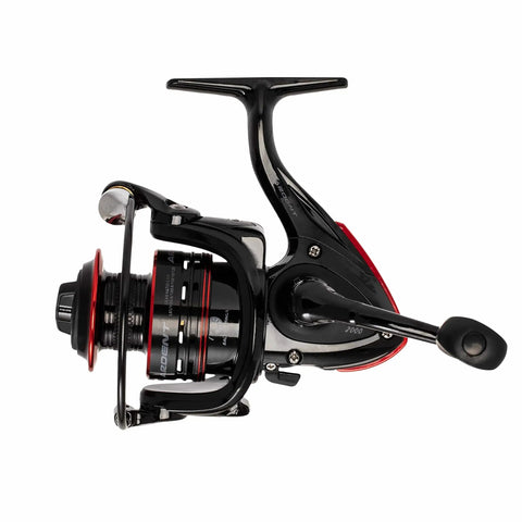 Side view of VC20BB Finesse 2000 Sized Spinning Reel with Dope Carbon Fiber Frame for Lightweight Strength, Cold Forged Aluminum Spool.