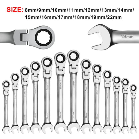 Set of ratchet wrenches including the Beefy Industrial Grade 11mm Ratchet Wrench With 180 Degree Flex Head Chrome Vanadium Forged.
