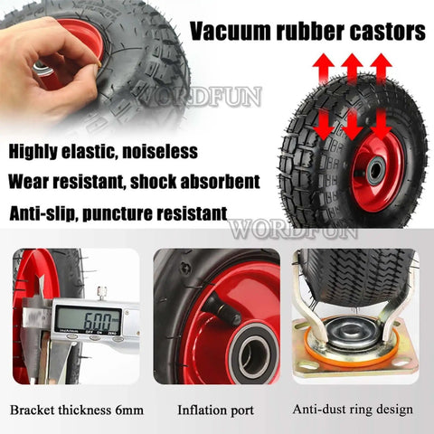 Rock Solid Heavy Duty Rubber Casters With Pneumatic Swivel Design Natural Shock Absorbing Wheels Built To Take A Beating On Industrial Grade Galvanized Steel Base Zero Hassle close-up of vacuum rubber caster tire with red hub and measuring tool for thickness