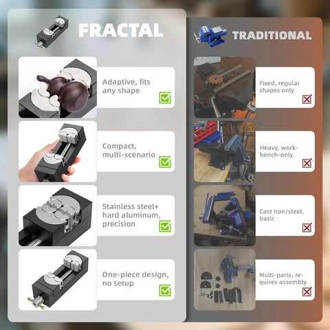 Comparison of fractal vise with silicone plugs and traditional vise; shows advantages of fractal vise for DIY and crafts.