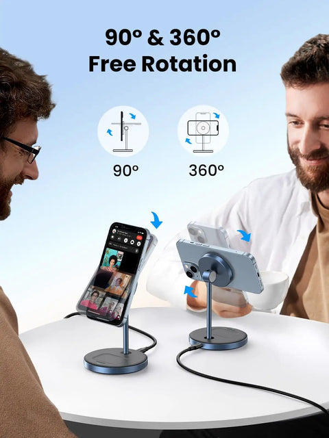 Two men using MagFlow 2in1 Magnetic Wireless Charging Stand Fast Charge For iPhone 17 16 15 14 13 12 Series And AirPods.