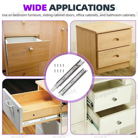 Premium 300mm Full Extension Ball Bearing Drawer Slides With Quiet Glide displayed with various drawer applications